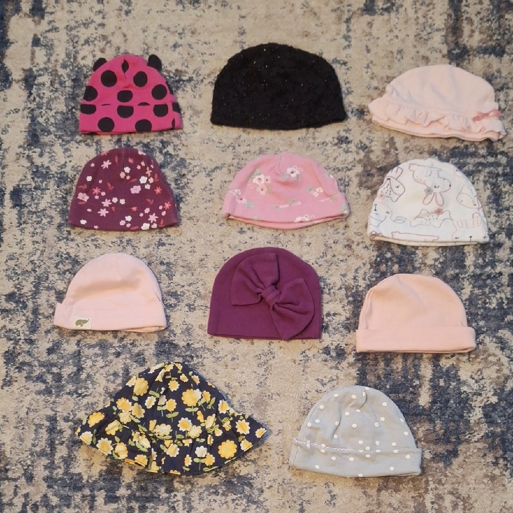 Assorted Baby Girl Hats (11 Hats Total) Size 0-3 Months Up To 6 Months